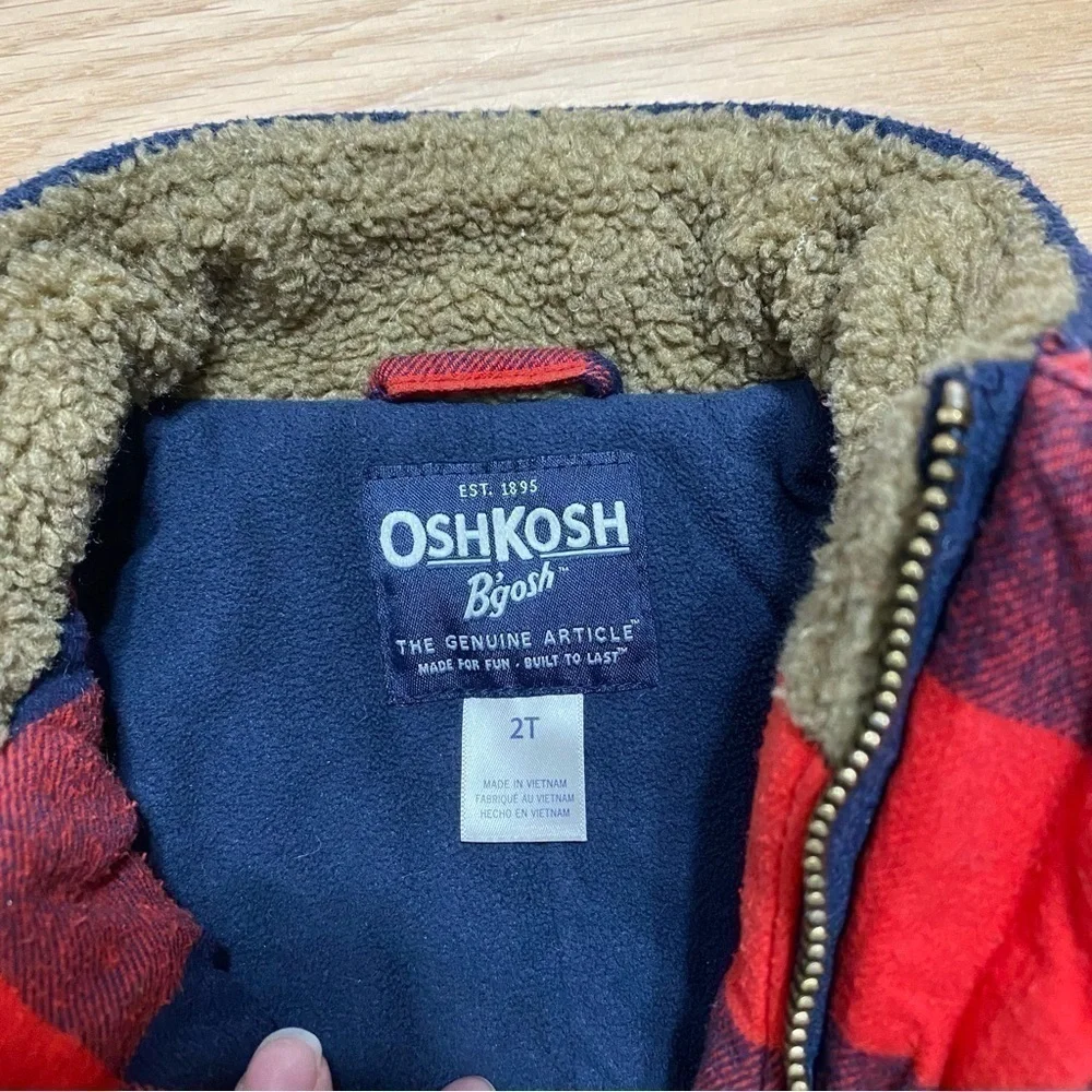 Oshkosh B’gosh Buffalo Plaid Jacket Sweatshirt Sz 2T Red Blue Sherpa Collar Boy